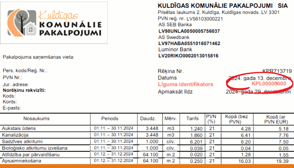 Apmaksājot rēķinu, PRECĪZI jānorāda līguma identifikators